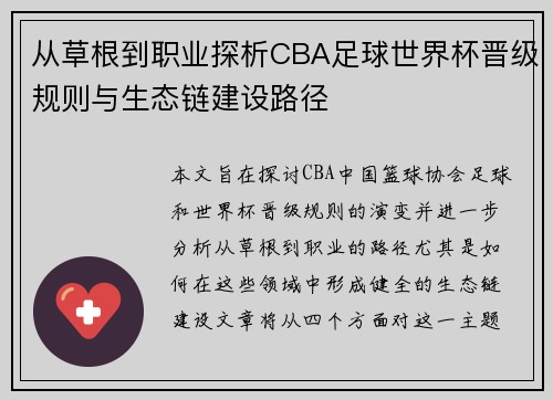从草根到职业探析CBA足球世界杯晋级规则与生态链建设路径
