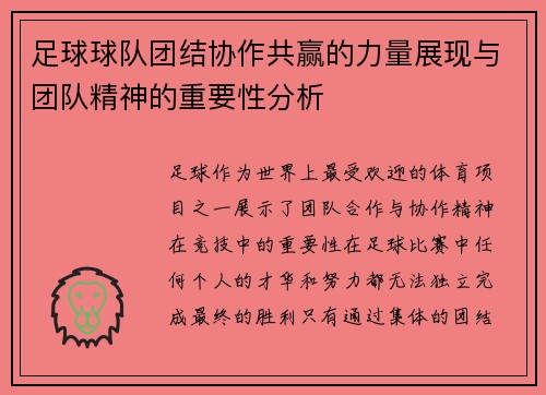 足球球队团结协作共赢的力量展现与团队精神的重要性分析